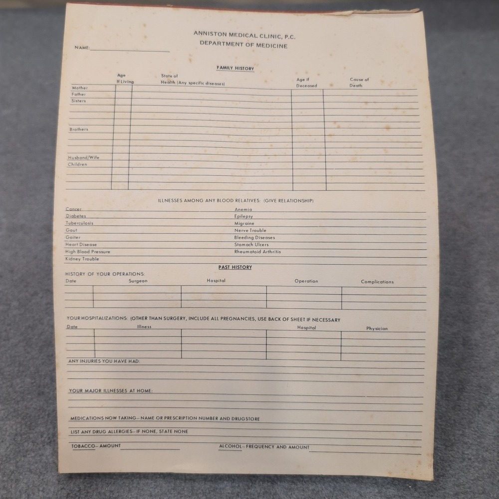 Vtg Medical Patient History Form Pad Anniston, AL Clinic PC Dept of Medicine - Picture 1 of 4
